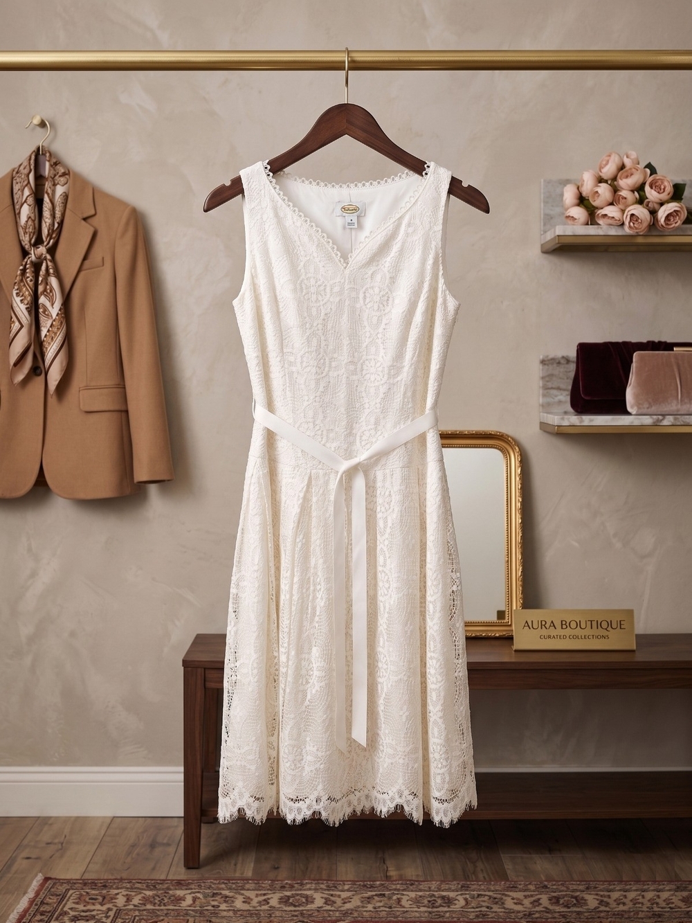 Mura Boutique Ivory Lace V-Neck Belted Midi Dress